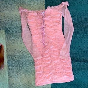 Women’s size small pink ruffle, long sleeve off the shoulder, mini dress